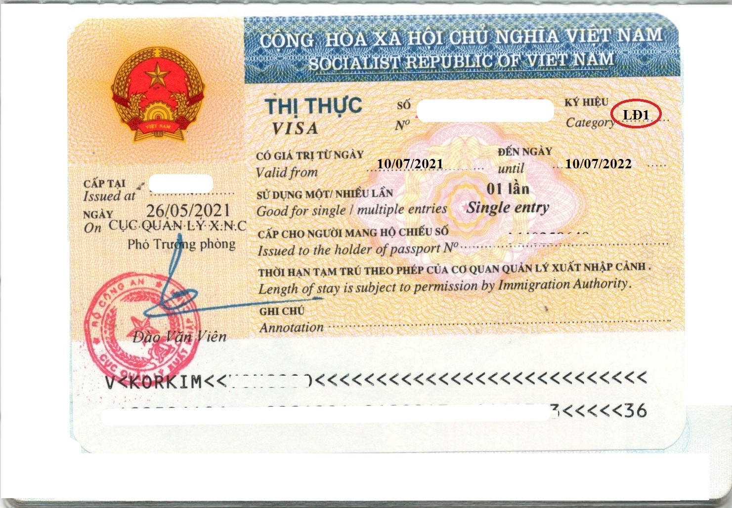 (Visa LĐ1 dành cho người nước ngoài làm viêc tại VN không có giấy phép lao động)