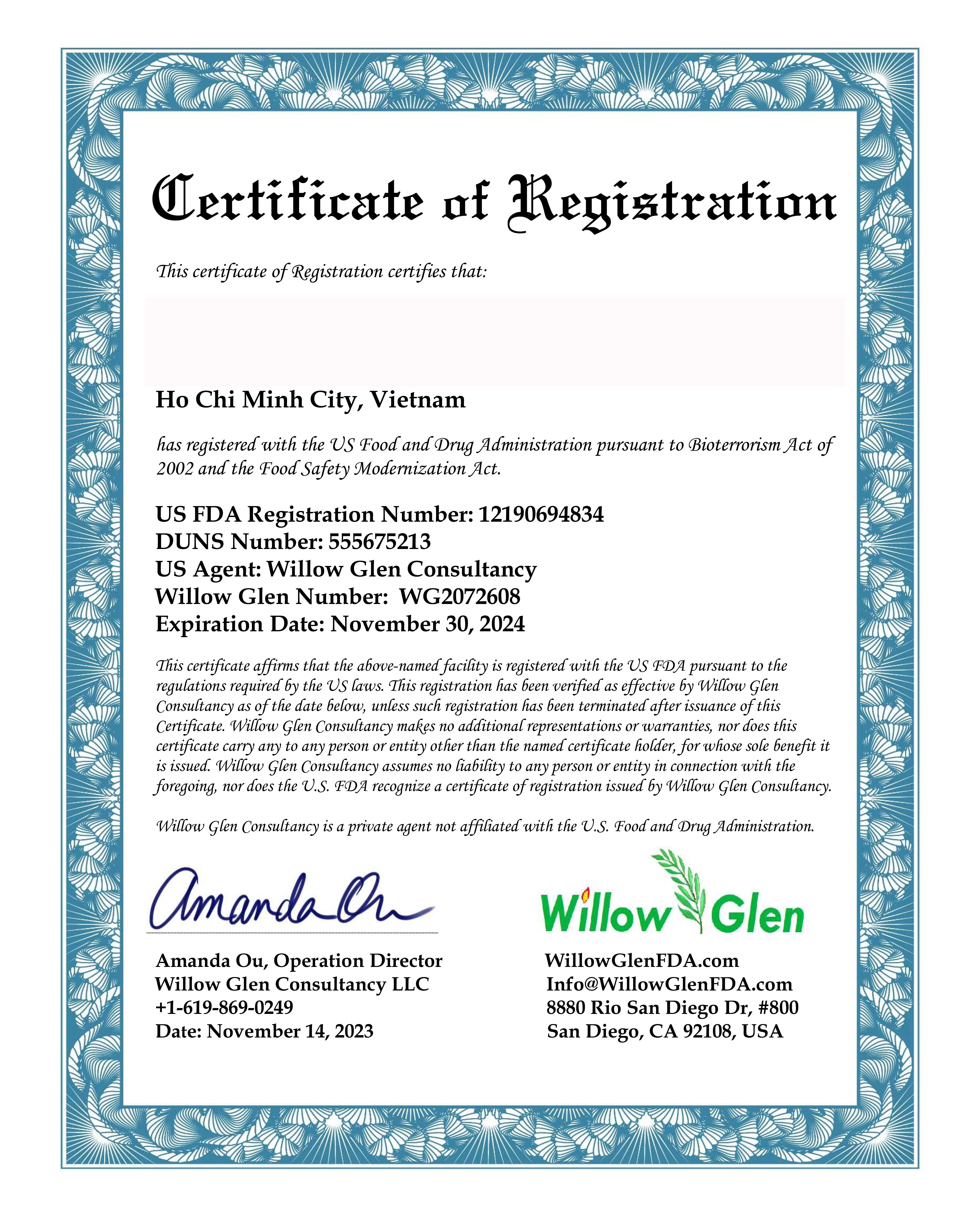 A certificate of registration with blue borderDescription automatically generated
